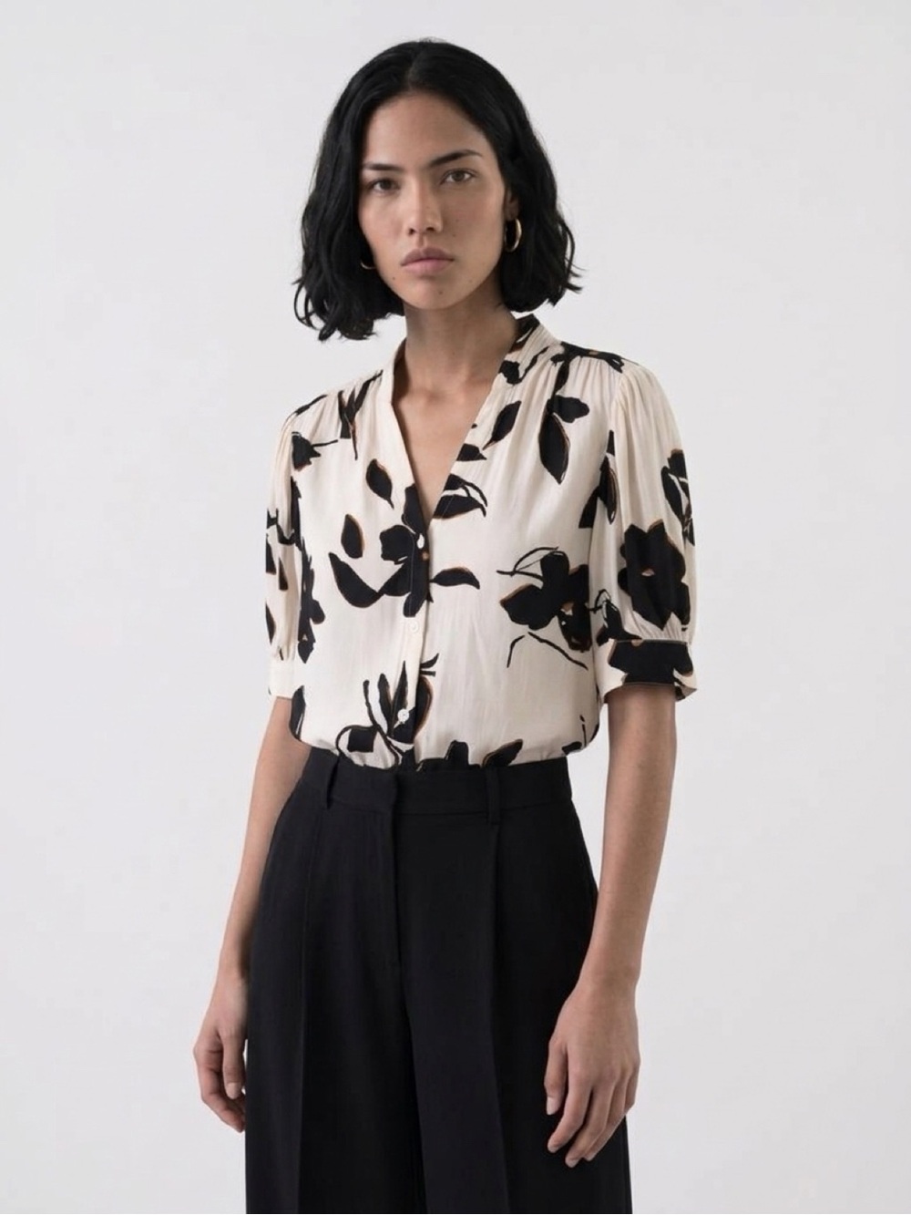 Tahari Cream Blouse with Black Floral Print
